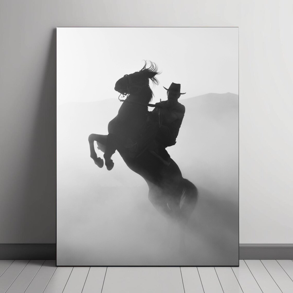 Cowboy Silhouette On Rearing Horse Art Print