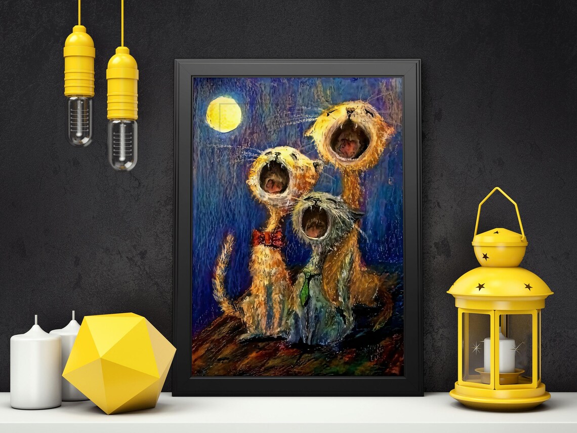 Surreal Cat Art Print, Whimsical Howling At The Moon - Image 4