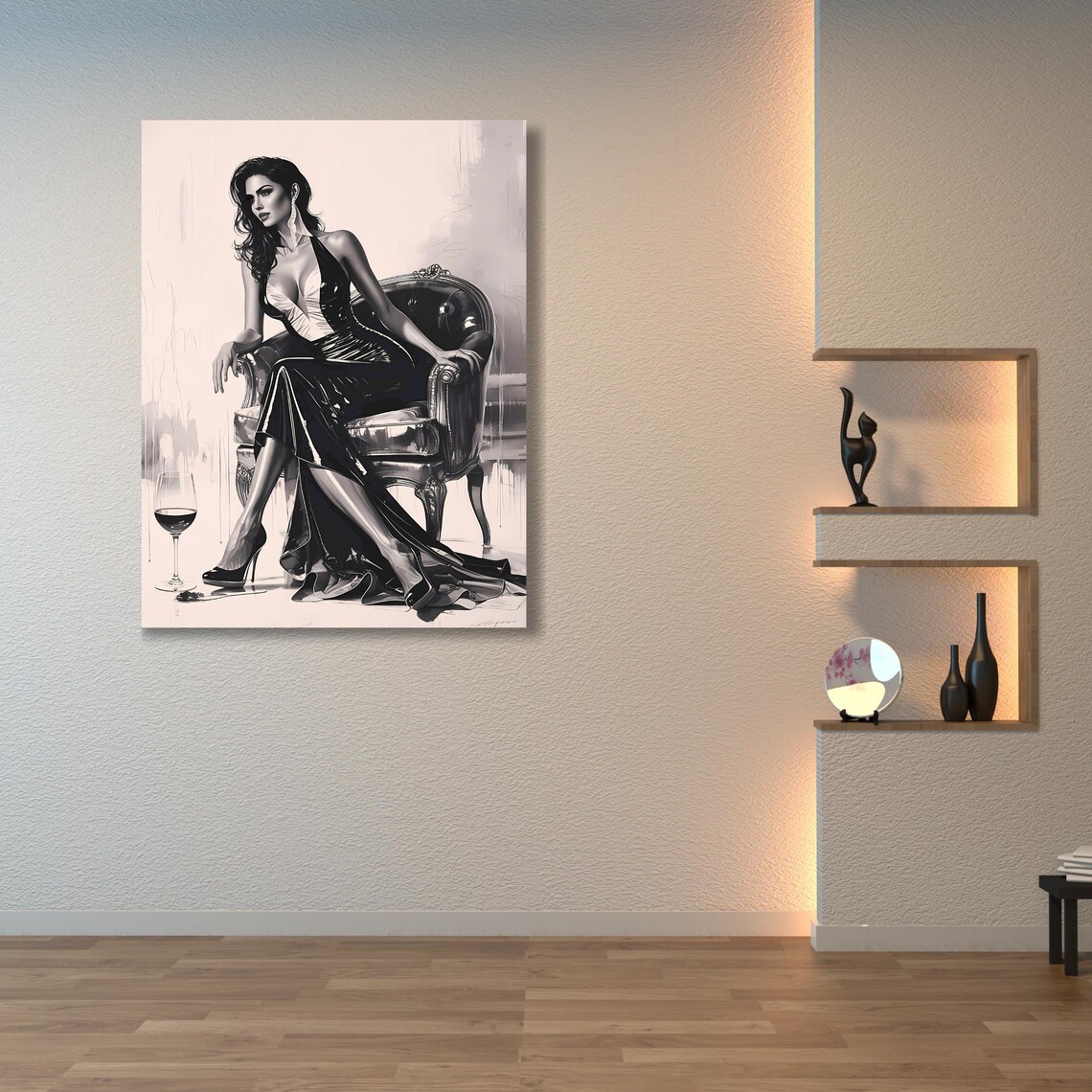Elegant Woman in Black Dress, Glamorous Fashion Art Print - Image 6