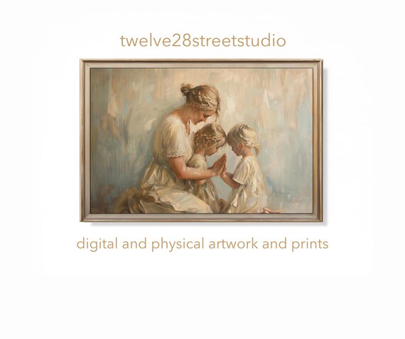 Mother Praying with Two Daughters White Dresses Tender Christian Art Poster
