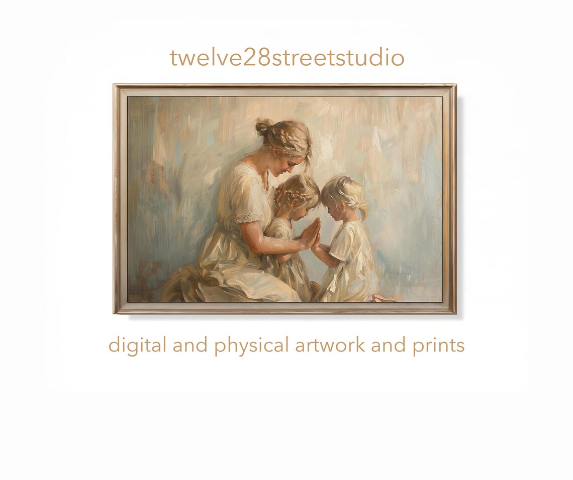 Mother Praying with Two Daughters White Dresses Tender Christian Art Poster