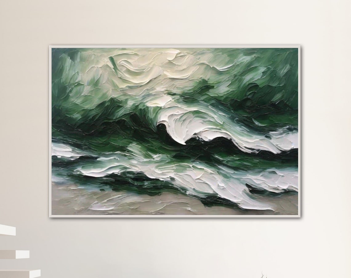 Dark Green and White Crashing Waves Thick Textured Art Poster