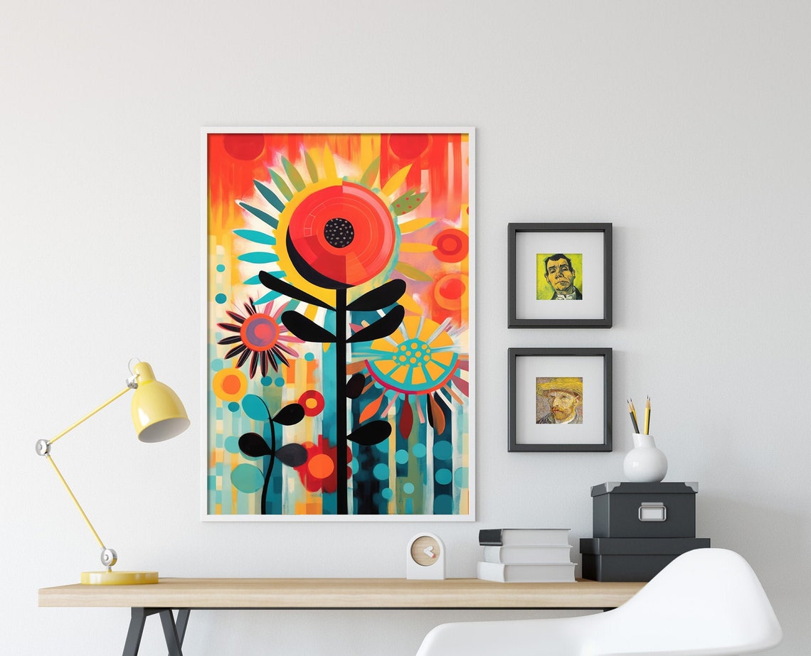 Vibrant Abstract Poppy Flowers Red Orange Teal Modern Art Poster - Image 4