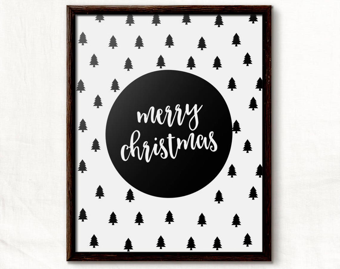 Merry Christmas Black and White Tree Pattern Holiday Art Poster