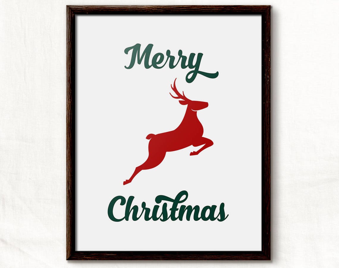 Merry Christmas Red Reindeer Green Script Holiday Quote Poster