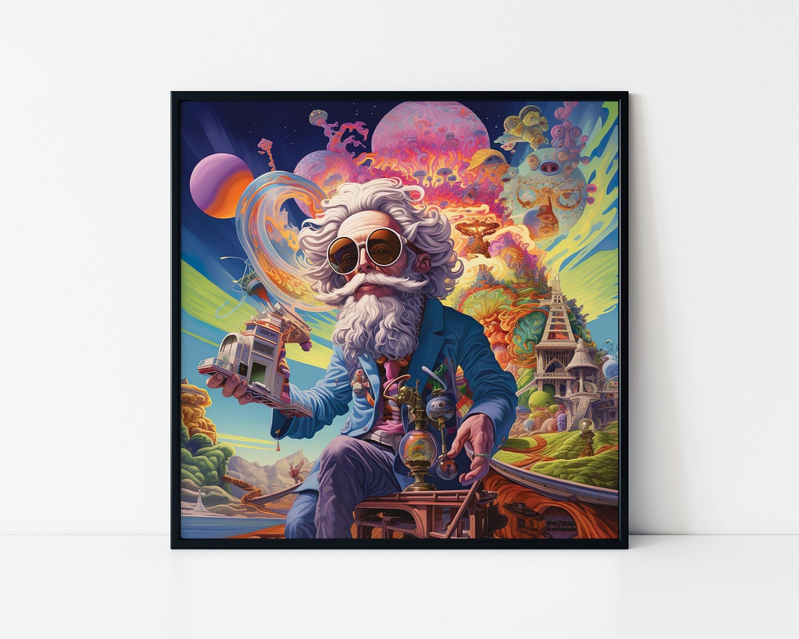 Eccentric White Haired Inventor Psychedelic Cosmic Genius Art Poster