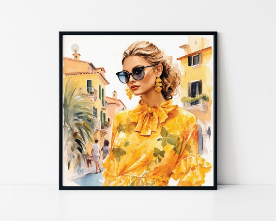 Watercolor Painting Of A Stylish Woman Wearing Sunglasses Framed Poster Fashionista Woman In Yellow Wall Art