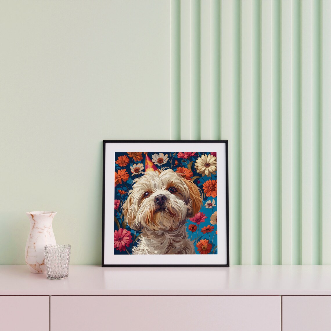 Fluffy Birthday Dog With Party Hat Colorful Flower Garden Art Poster - Image 2
