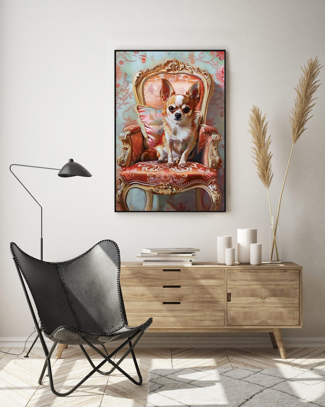 Elegant Chihuahua Dog Sitting On An Antique Chair In Oil Painting Style Framed Poster Chihuahua Portrait Dog Wall Art Wall Hanging - Image 4