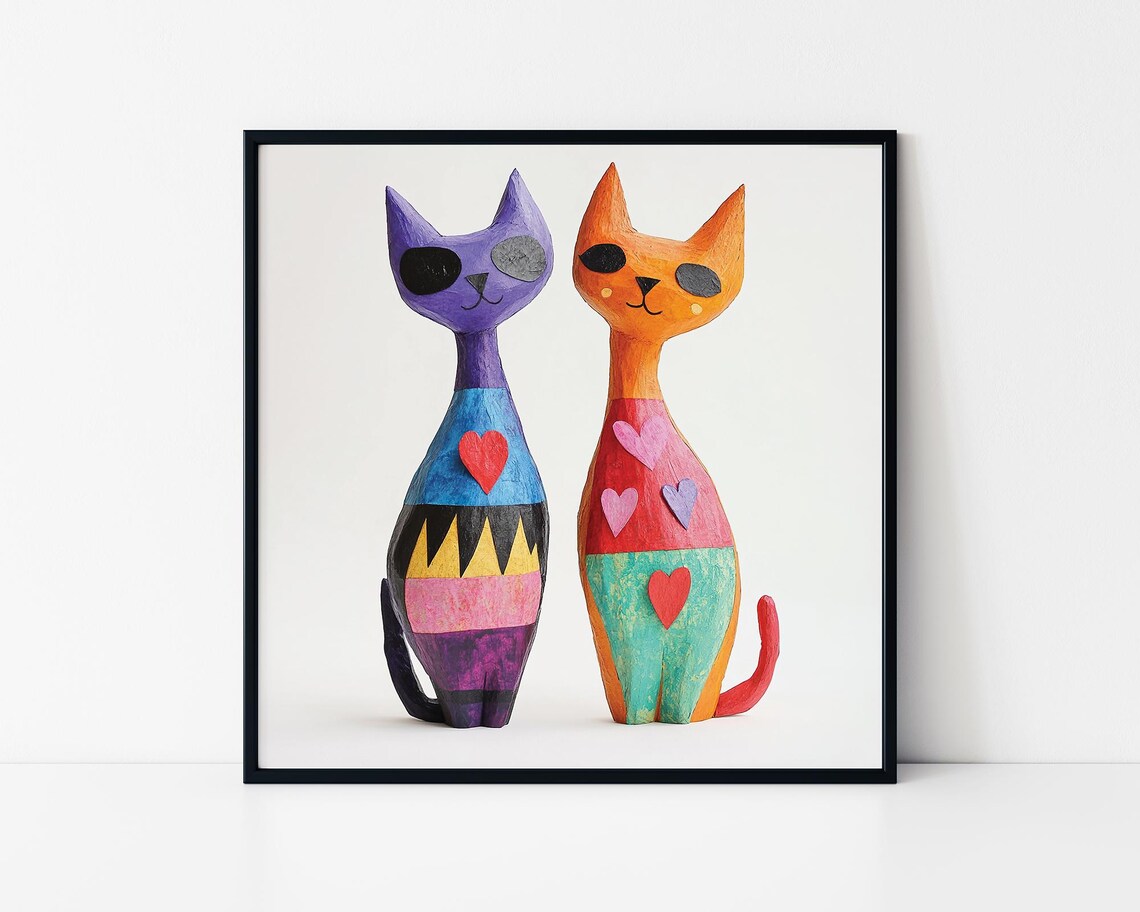 Folk Art Cats Hearts Colorful Pair Whimsical Handmade Style Poster