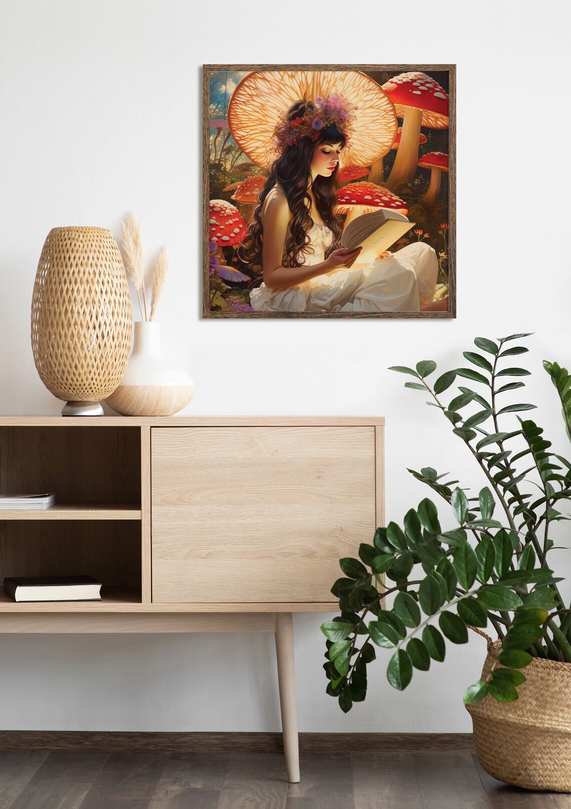 Woman Reading Book Among Giant Mushrooms Cottagecore Fantasy Poster - Image 4