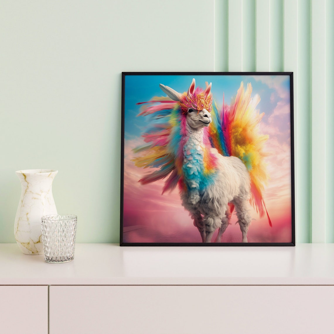 Rainbow Alpaca With Colorful Feathered Mane Fantasy Animal Art Poster - Image 2