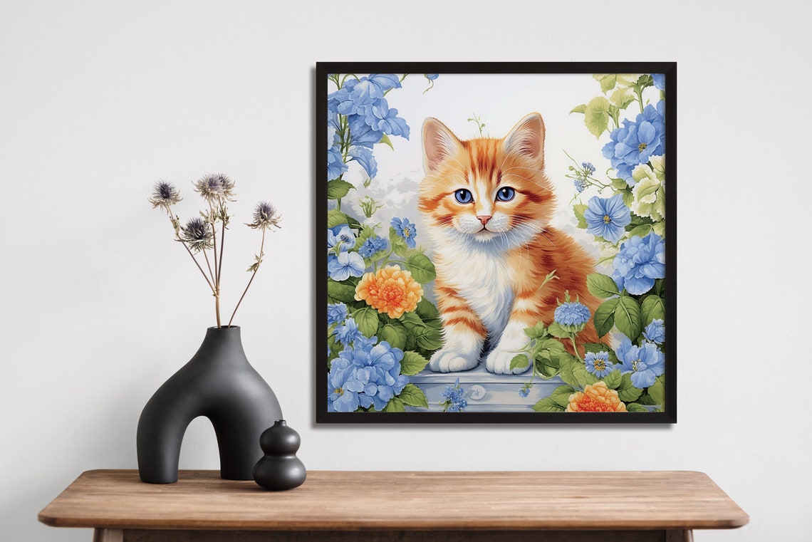 Orange Kitten Blue Flowers Cute Ginger Cat Floral Garden Poster - Image 2