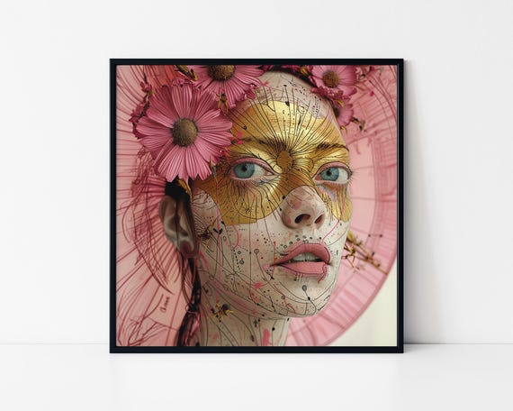 Golden Line Face Mask Pink Flowers Avant Garde Woman Art Poster