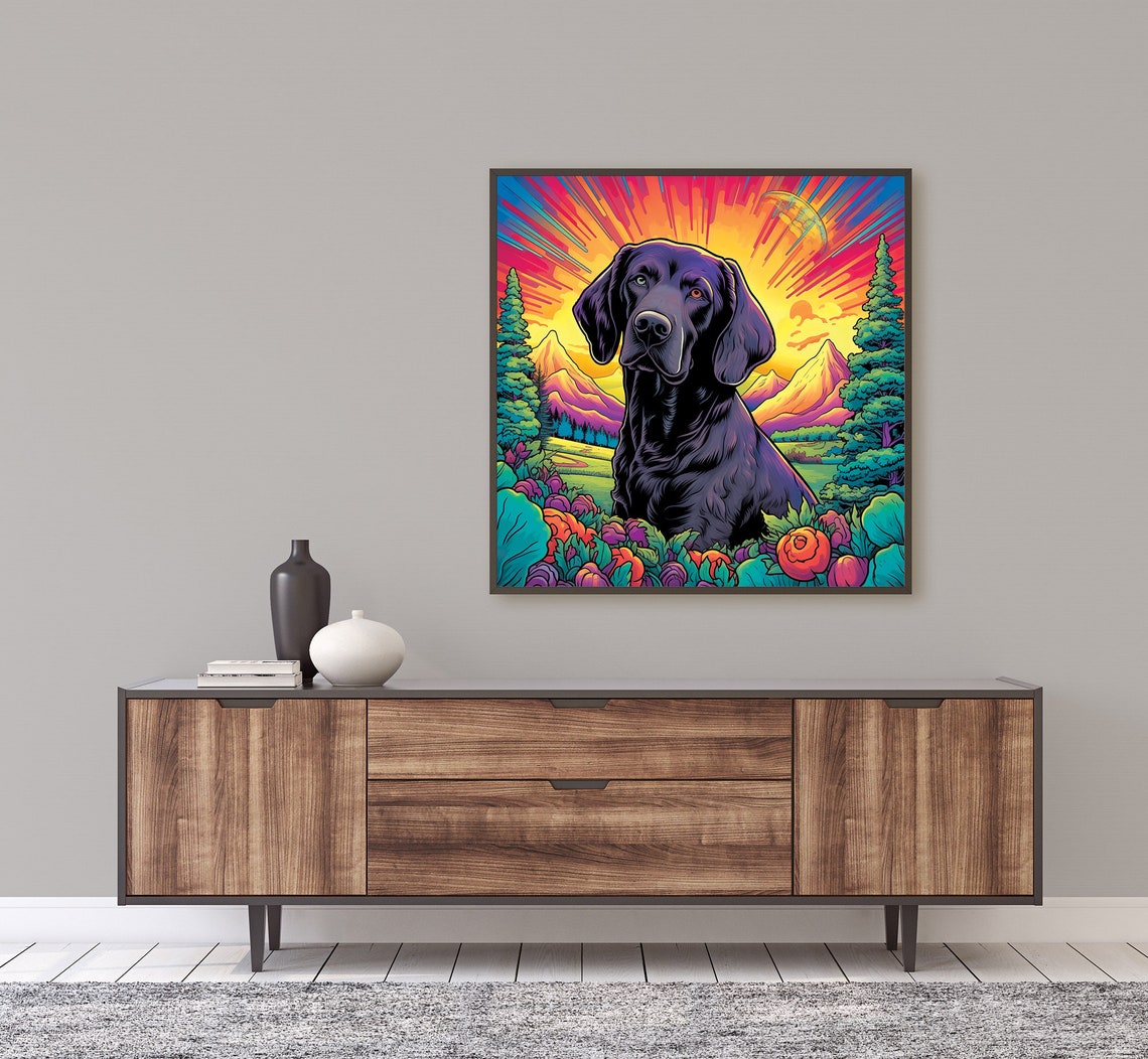 Black Labrador Sunset Mountains Psychedelic Dog Meadow Art Poster - Image 3