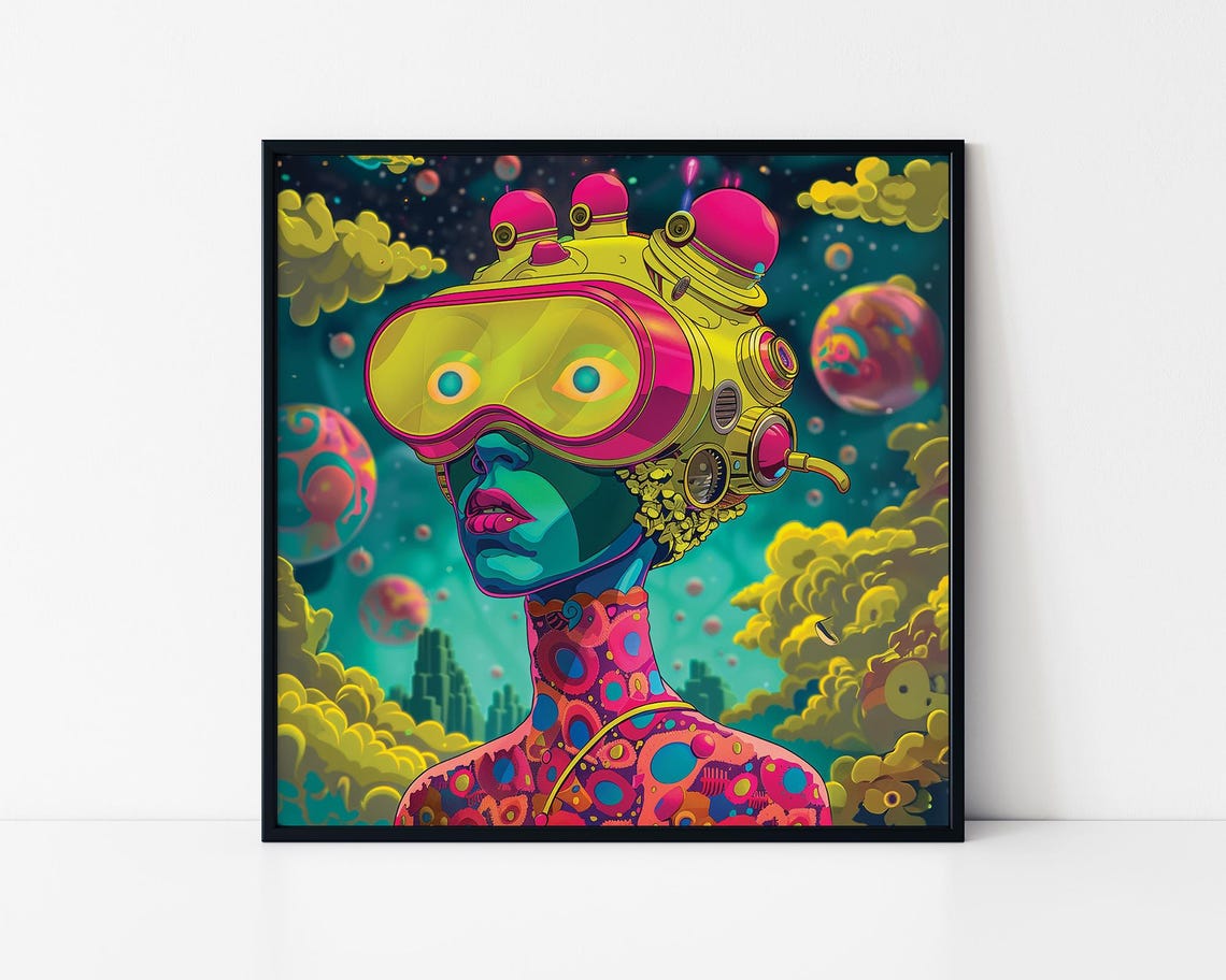 Neon Cyber Woman Space Traveler Psychedelic Sci Fi Robot Art Print