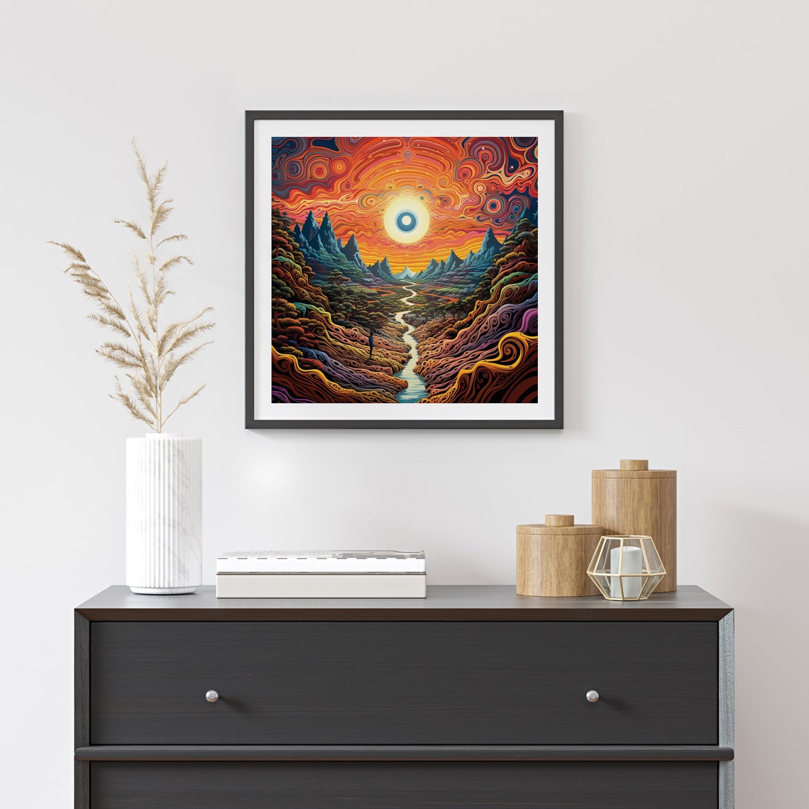Vibrant Psychedelic Sunset Valley Spiral Sky Mountain Poster - Image 3