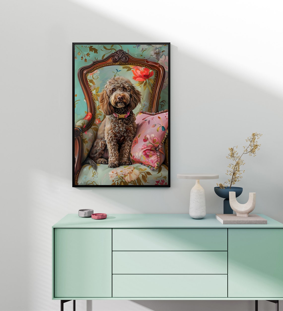 Elegant Labradoodle Sitting On An Antique Chair In Oil Painting Style Framed Poster Elegant Dog Portrait Dog Wall Art Dog Lover Gift - Image 4
