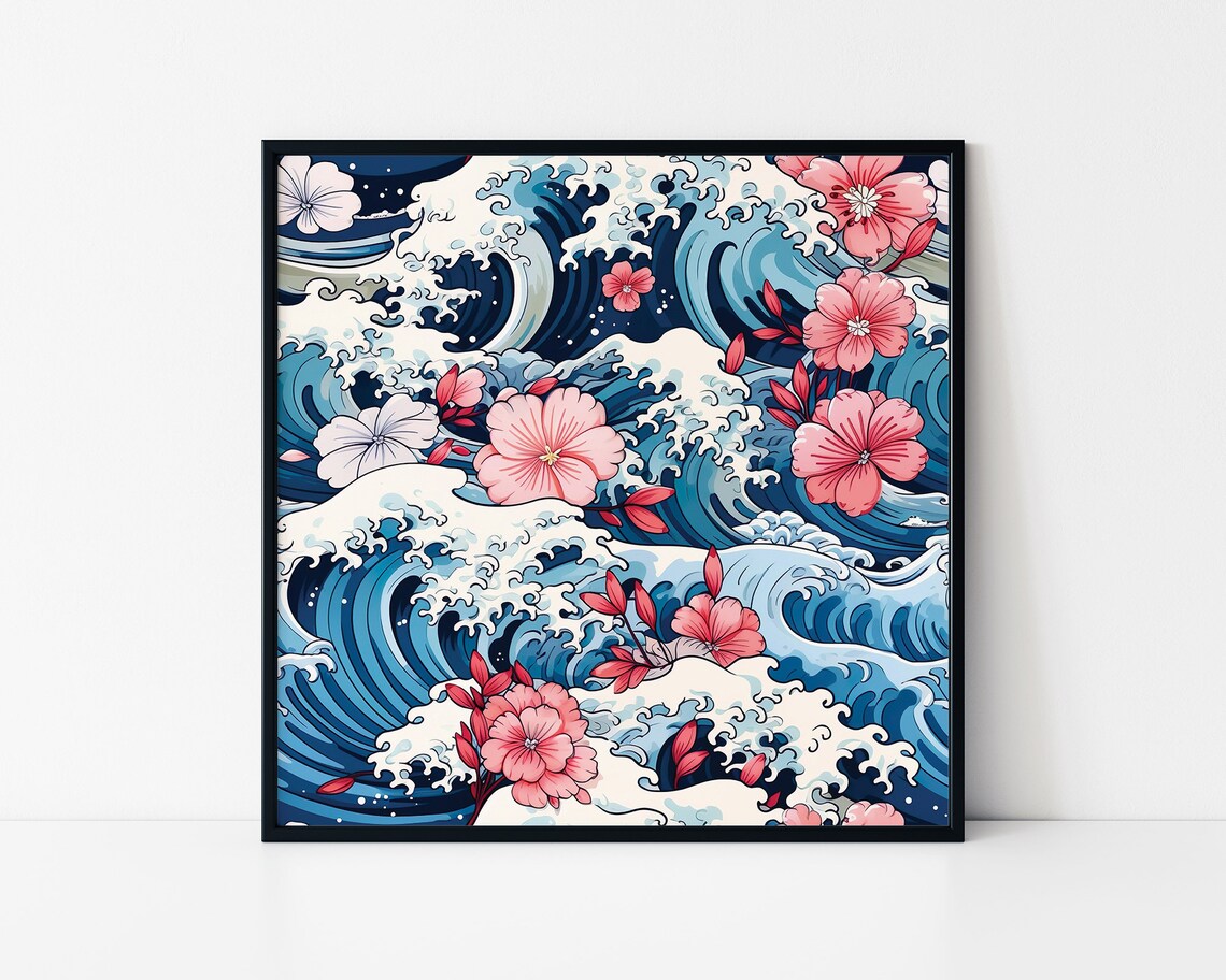 Japanese Wave Pink Flowers Ocean Swell Cherry Blossom Art Poster