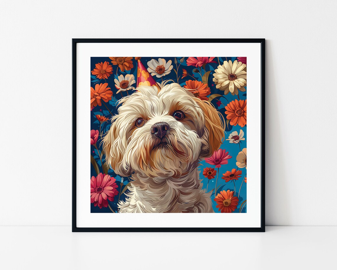 Fluffy Birthday Dog With Party Hat Colorful Flower Garden Art Poster