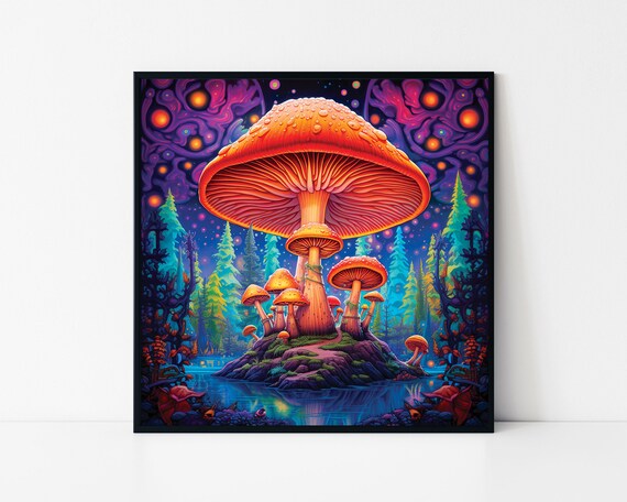 Psychedelic Mushrooms Framed Poster Forest Neon Mushrooms Psychedelic Wall Art Poster Home Decoration Trippy Poster Magic Mushrooms