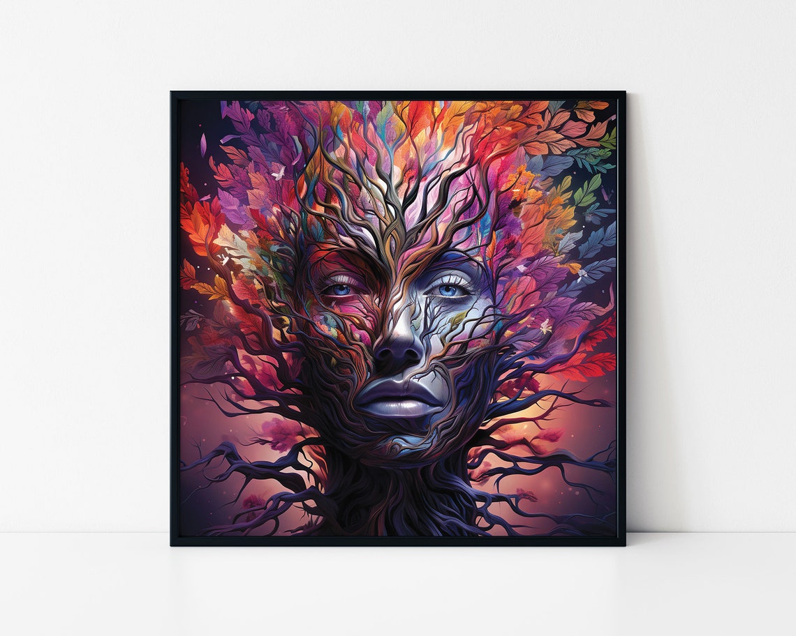 Tree Of Life Woman Face Autumn Leaves Psychedelic Goddess Poster