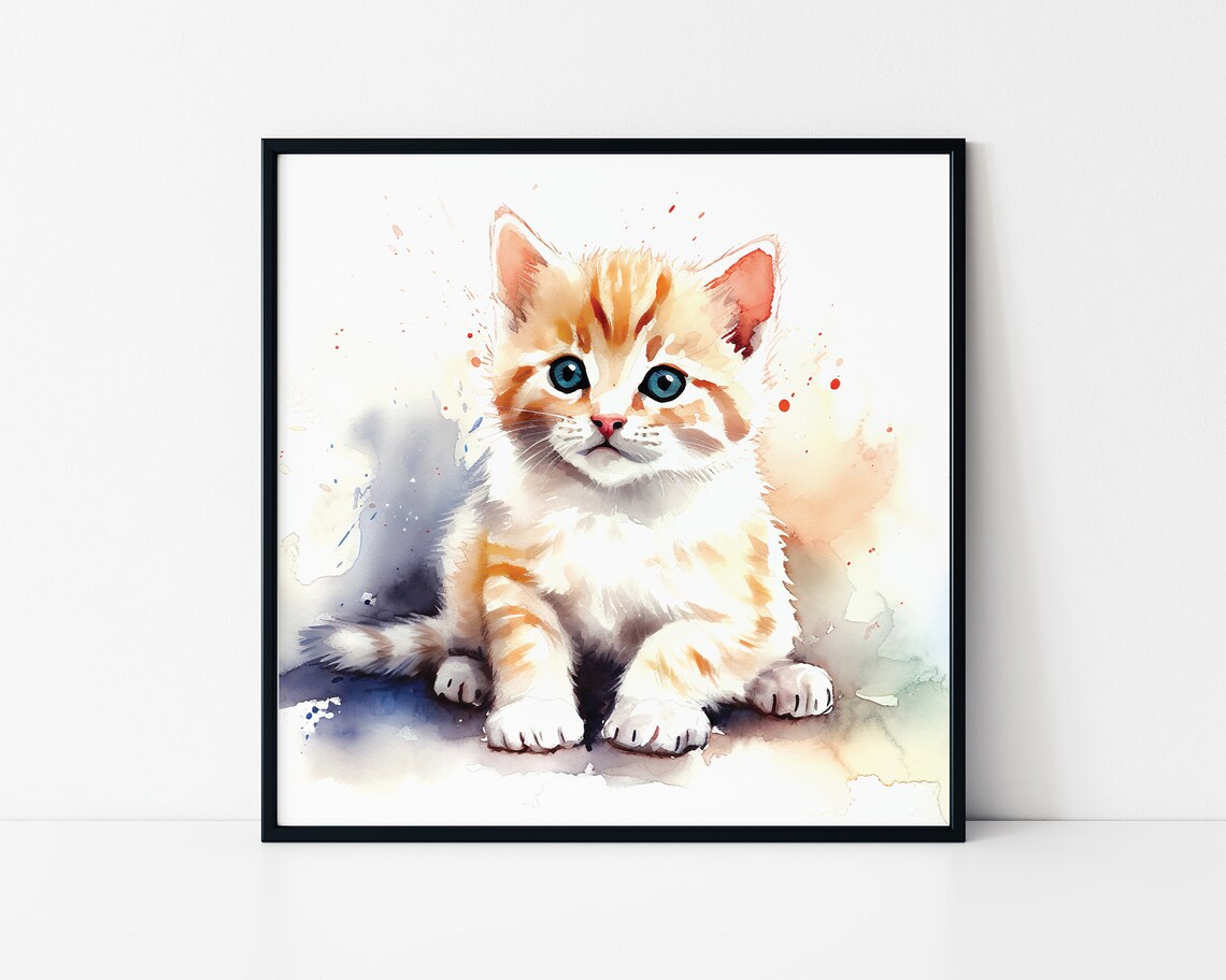 Adorable Ginger Kitten Watercolor Blue Eyes Cute Cat Art Print