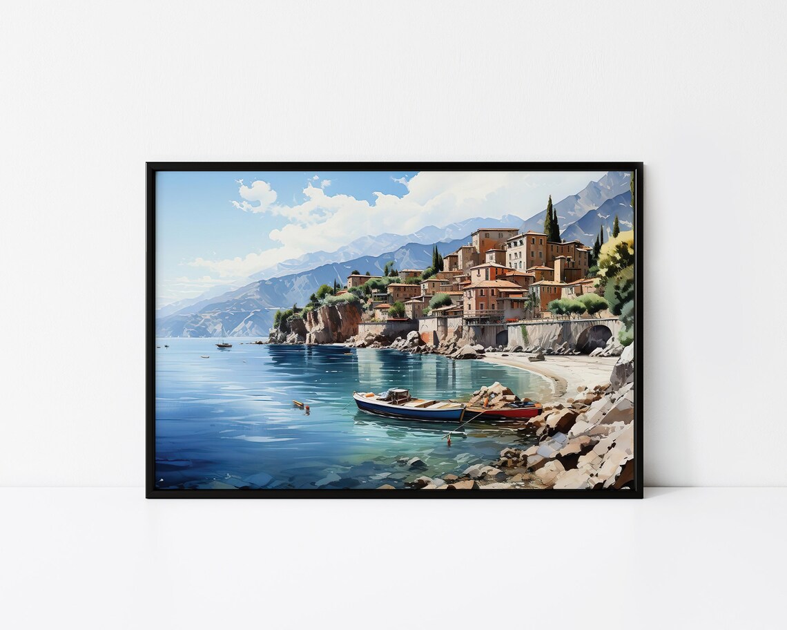 Mediterranean Coastal Town On Cliffs Boats On Blue Water Art Poster