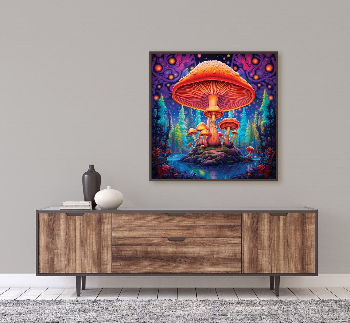 Giant Psychedelic Mushrooms On A Lake Island Fantasy Nature Poster - Image 5