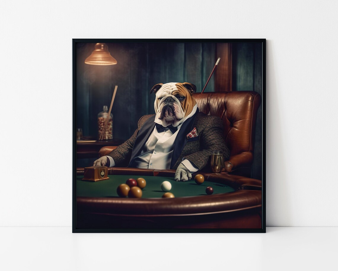 Bulldog In Suit Playing Billiards Gentleman Dog Pool Hall Art Poster