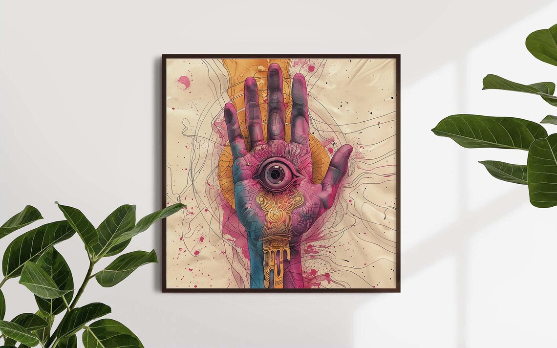 Minimalist Hand With Eye Surreal Pink Watercolor Mystic Poster - Image 3