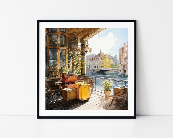 Watercolor City With Travelers Suitcases Framed Poster Cityscape River View Watercolor Poster Wall Art Watercolor Journey Poster