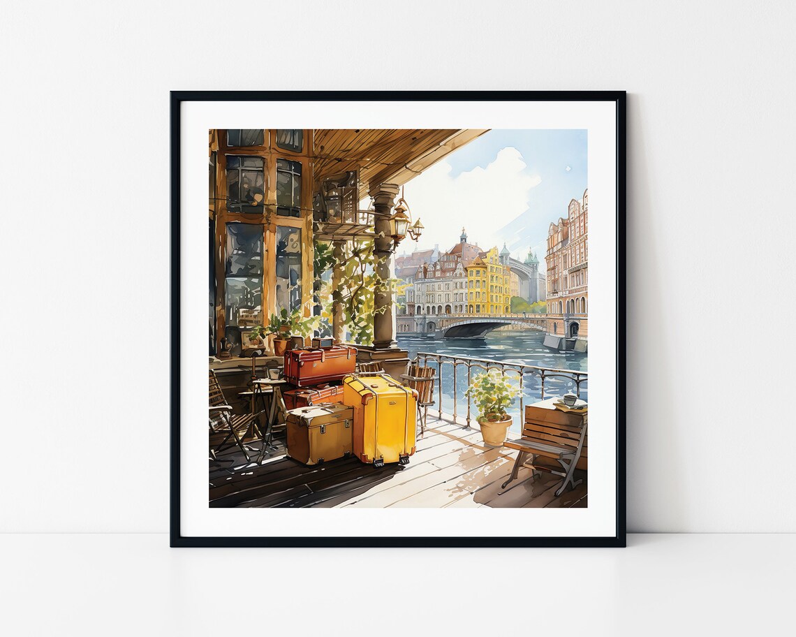 Watercolor City With Travelers Suitcases Framed Poster Cityscape River View Watercolor Poster Wall Art Watercolor Journey Poster
