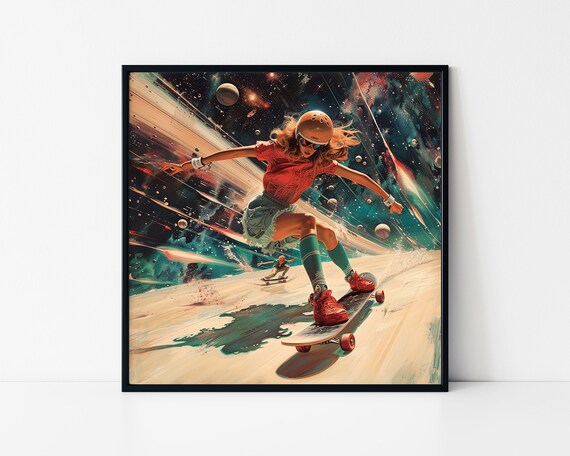 Woman Skateboarding Through Space Vintage Cosmic Skater Art Poster