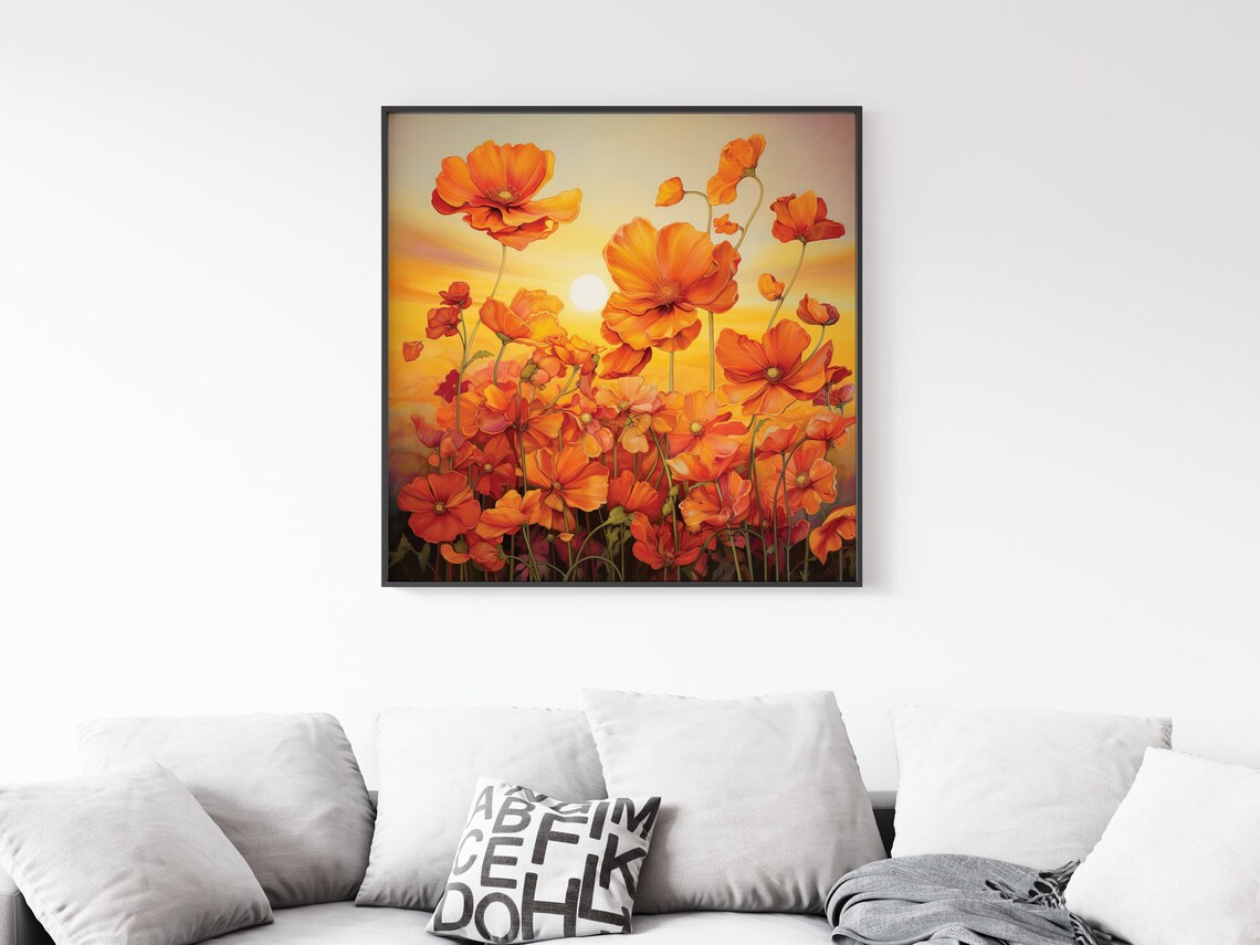 Orange Poppy Flowers At Golden Sunset Warm Floral Field Art Poster - Image 2