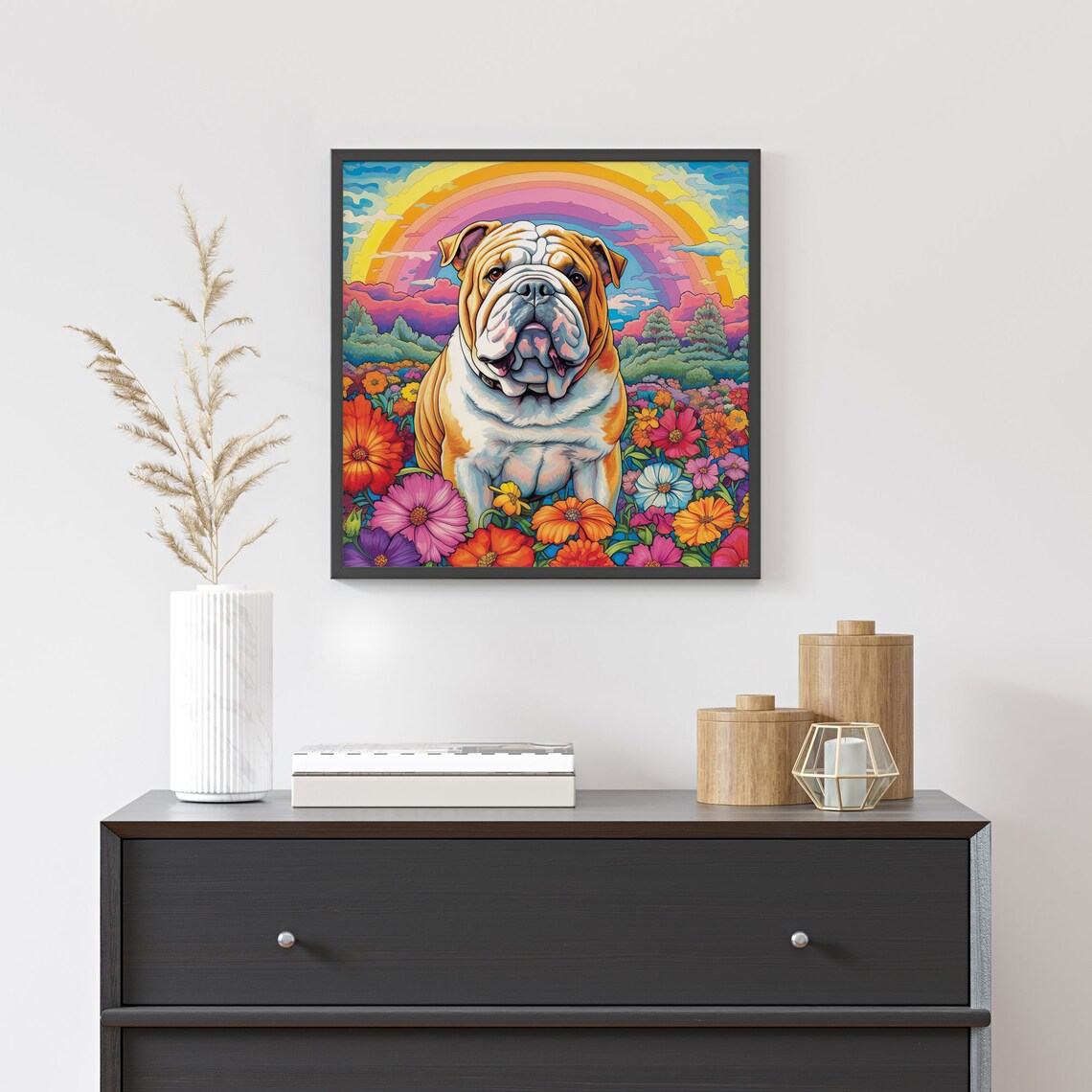 Bulldog Flower Field Rainbow Colorful Puppy Garden Meadow Poster - Image 4