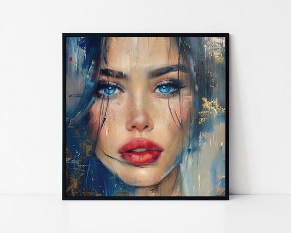 Blue Eyed Woman Portrait Red Lips Oil Painting Beauty Art Poster