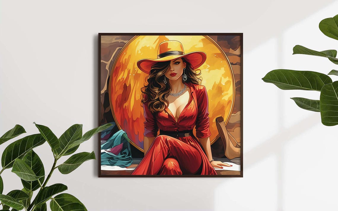 Illustration Of Gorgeous Woman In Red Posing Framed Poster Woman In Red Dress And Big Hat Woman In Red Wall Art Wall Hanging Illustration - Image 2