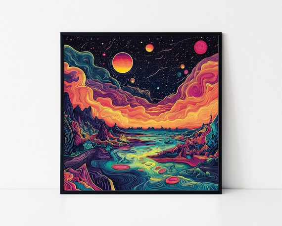 Colorful Psychedelic Mountain And River Framed Poster Psychedelic Wall Art Trippy Wall Art Poster Psychedelic Visual Journey