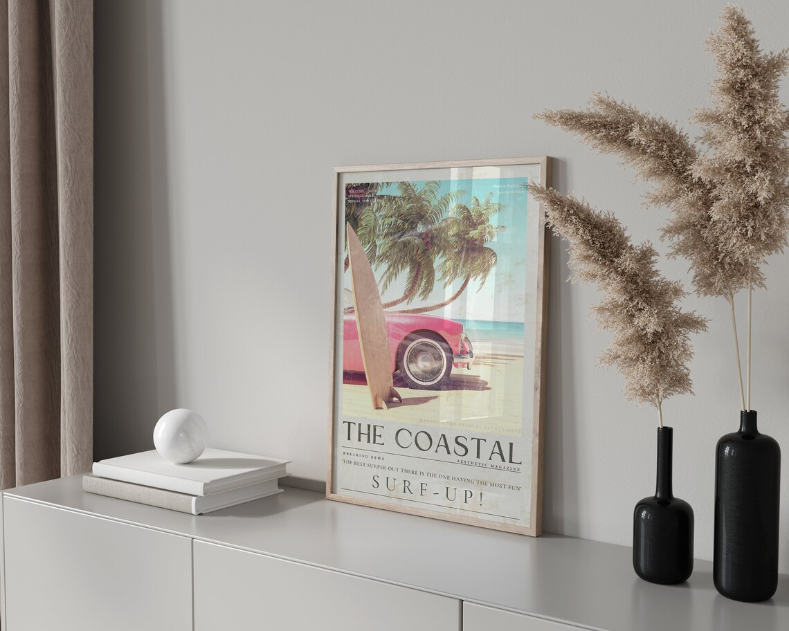 The Coastal Magazine Cover Poster Pink Classic Car Surfboard - Image 2