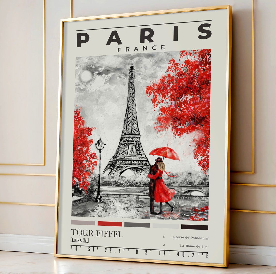 Romantic Paris Couple Red Umbrella Eiffel Tower Oil Painting Poster