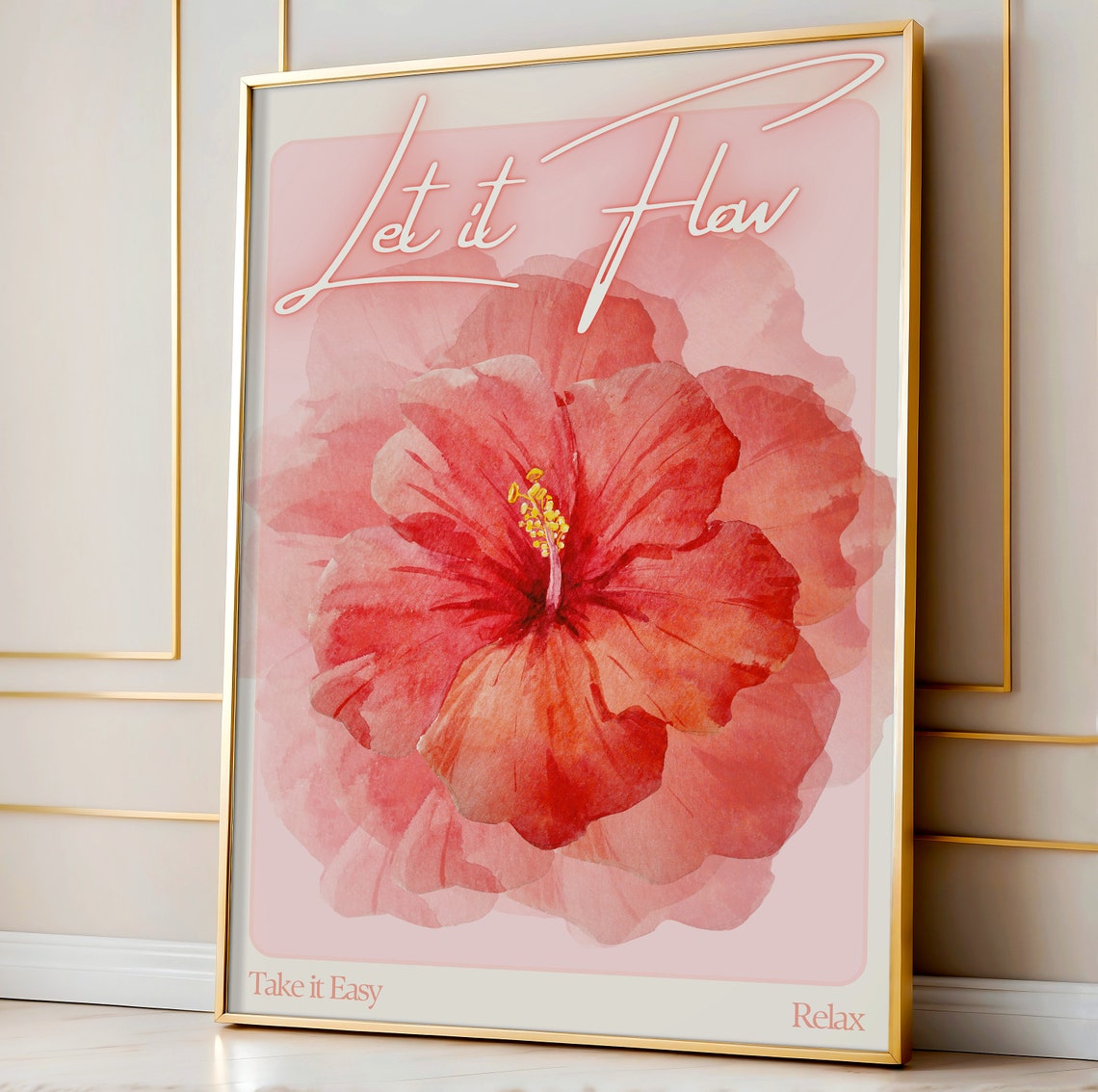 Let It Flow Red Hibiscus Neon Script Pink Floral Relax Poster