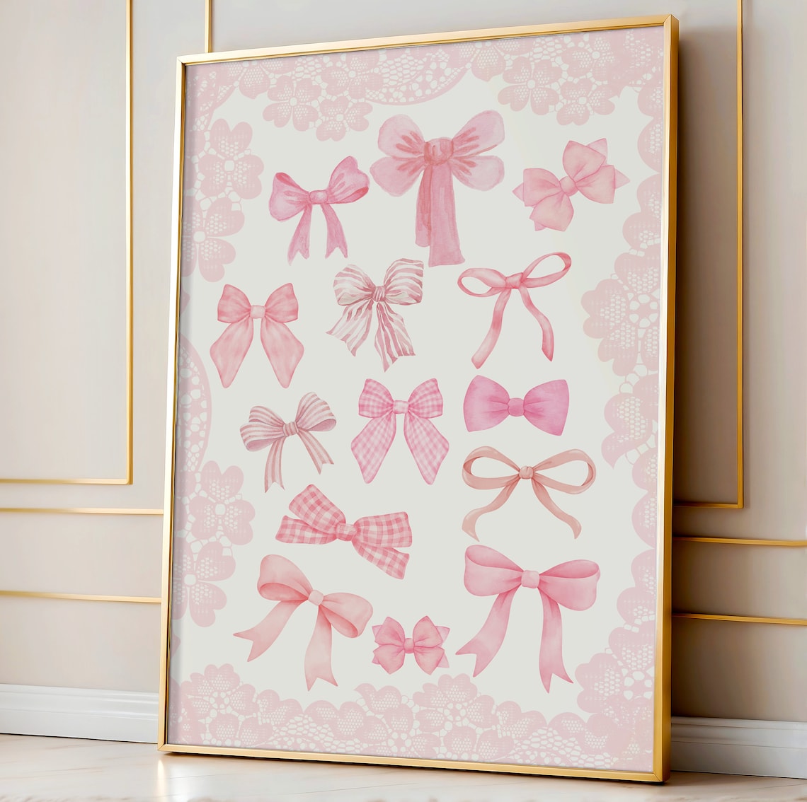 Pink Watercolor Bows Grid Lace Border Coquette Girly Bedroom Poster