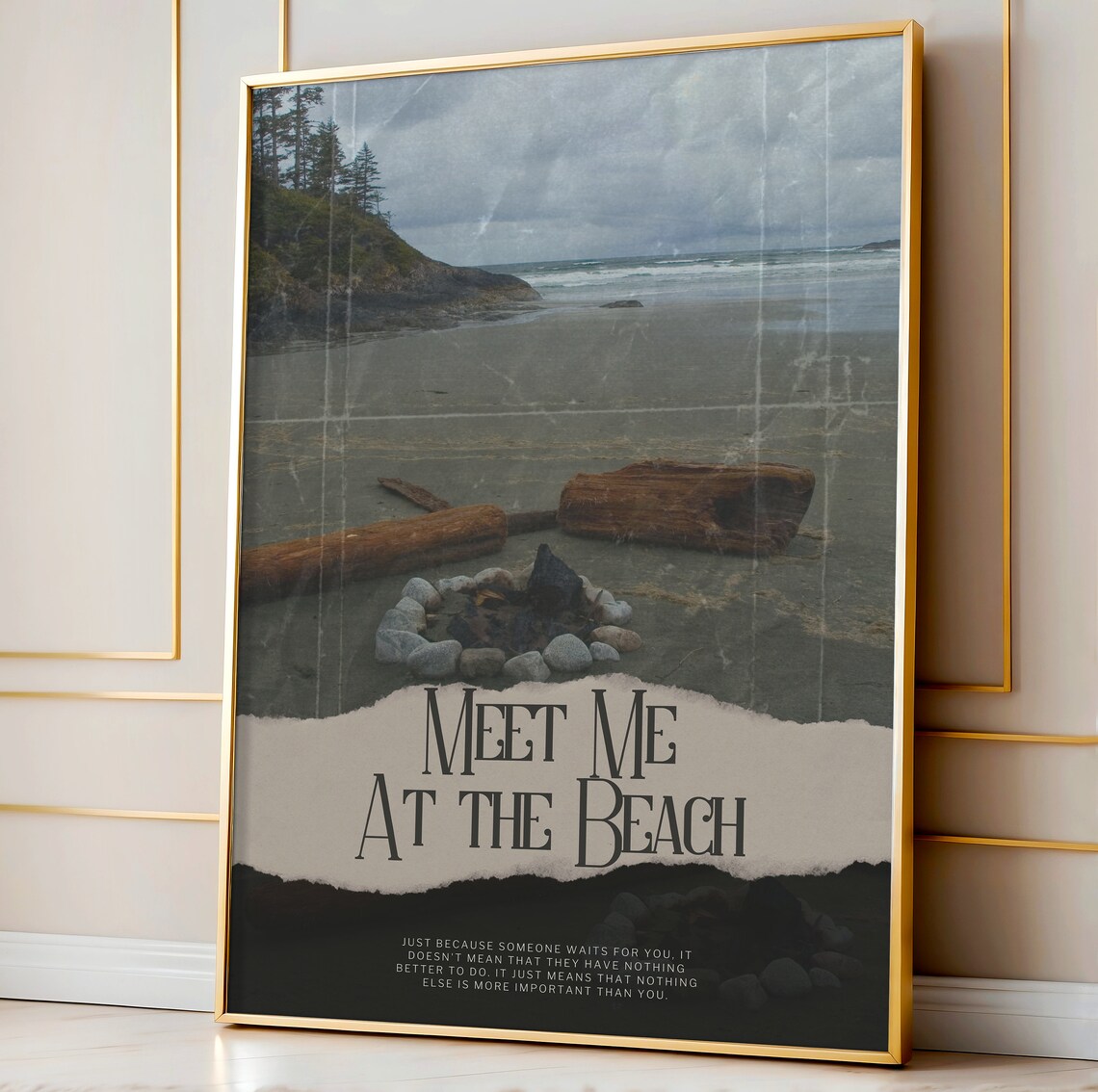 Meet Me At The Beach Driftwood Fire Pit Moody Pacific Coast Scene Quote Poster - Image 2