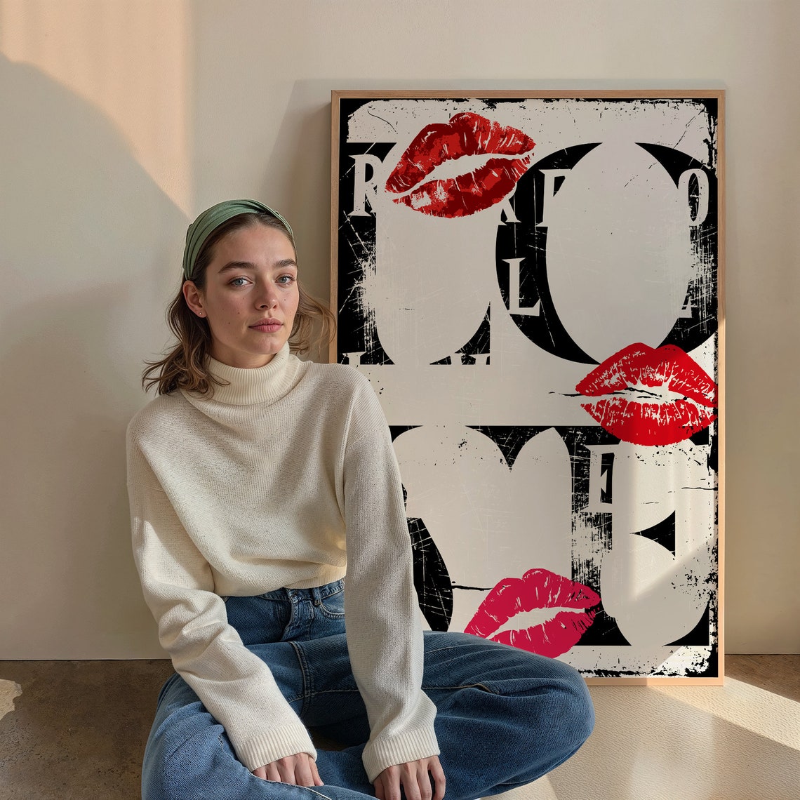 Love Typography Red Kiss Marks Distressed Black White Poster - Image 3