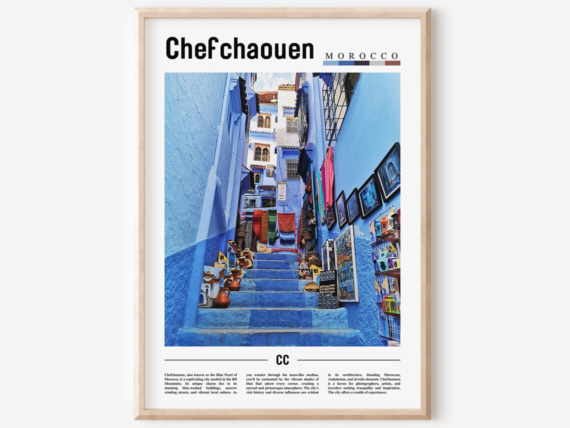 Chefchaouen Minimal Travel Poster, Oil Painting