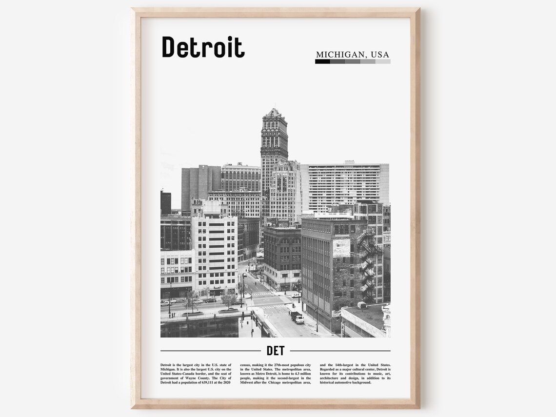 Detroit Poster, Black And White Minimal Travel Poster