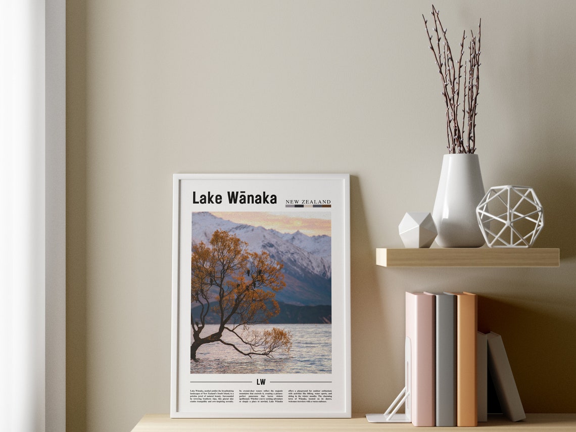 Lake Wnaka Poster Lake Wnaka Print Lake Wnaka Wall Art Minimal Travel Print Travel Destination Oil Painting Poster - Image 3