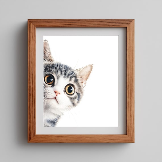 Cute Cat Wall Art Peeking Kitten Portrait Funny Pet Lover Decor Minimalist Animal Face Artwork 109