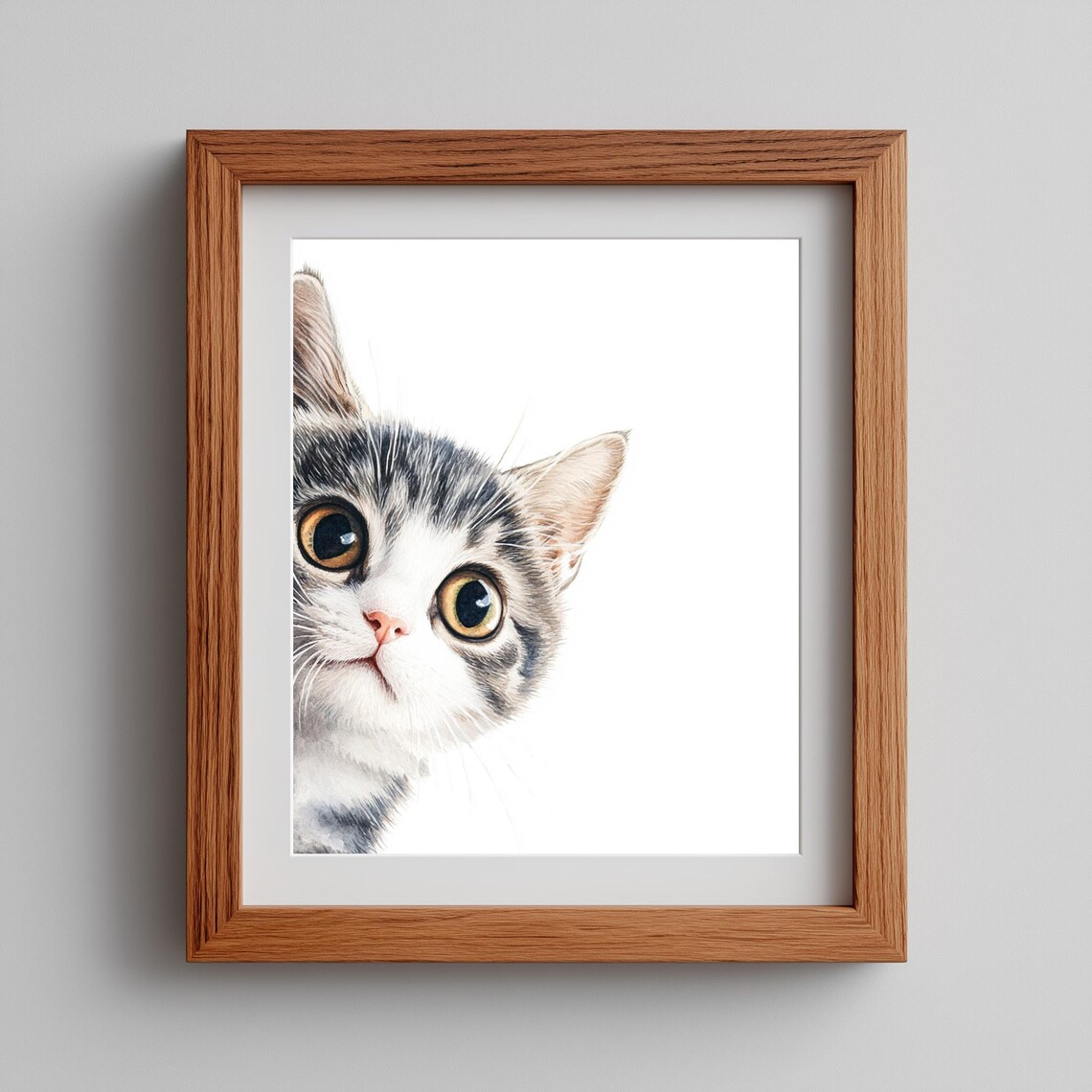 Cute Peeking Kitten Big Eyes Watercolor Funny Cat Portrait Wall Art